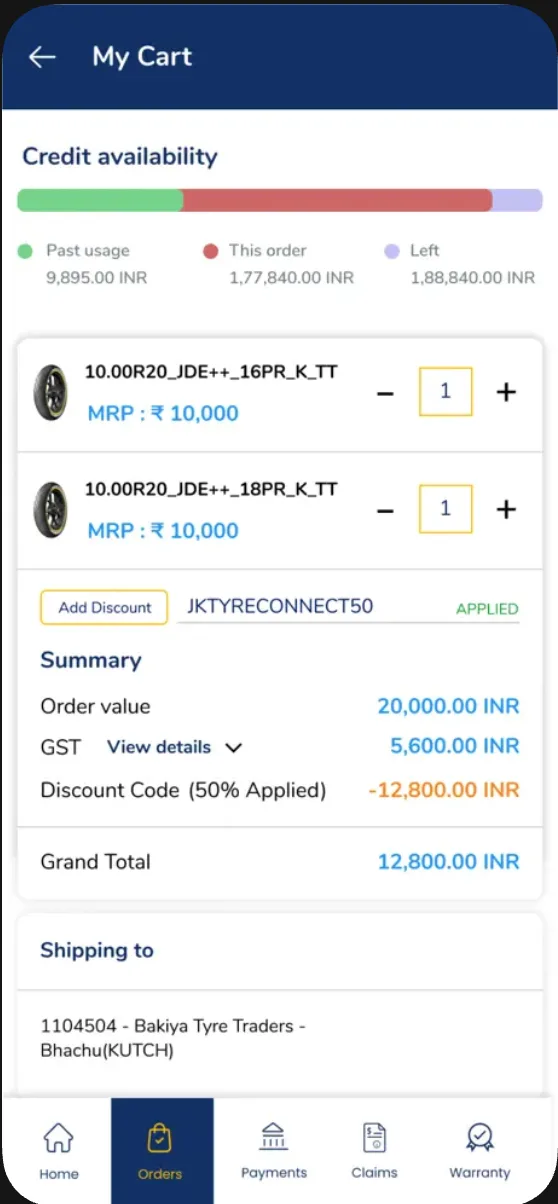 Cart showing live credit availability, scheme discount code applied and GST