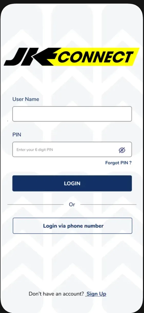 JK Connect login screen with username and 6-digit PIN