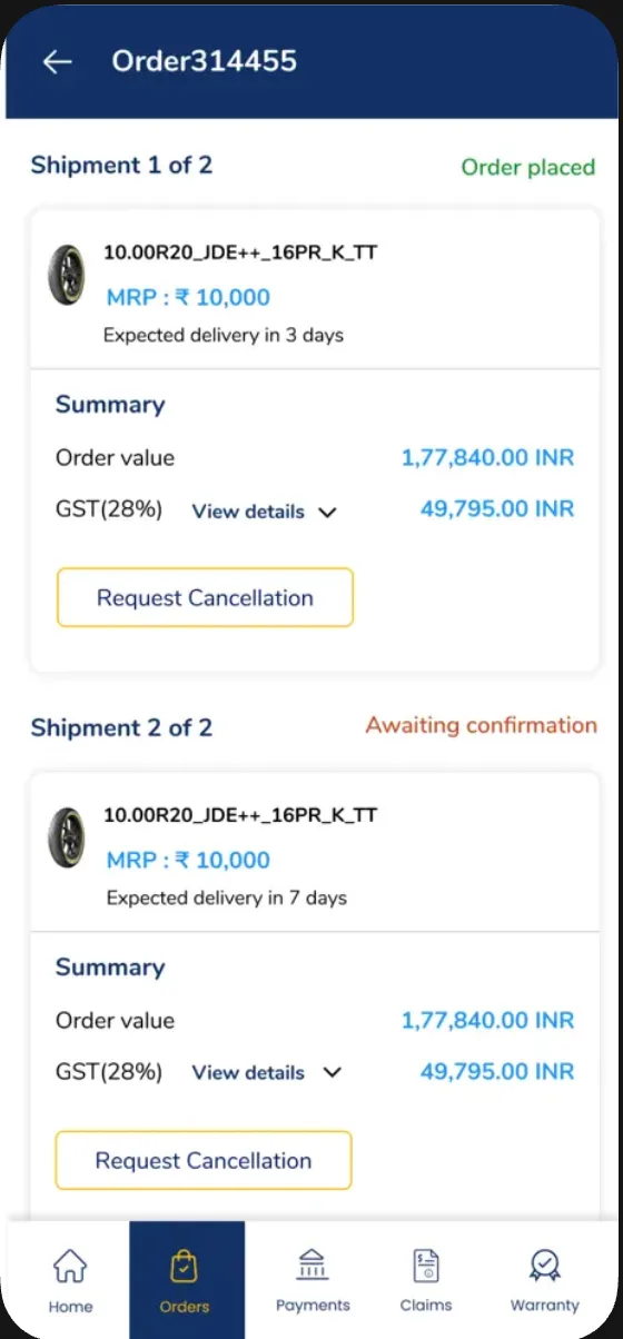 Order detail with two shipments, expected delivery dates and cancellation windows