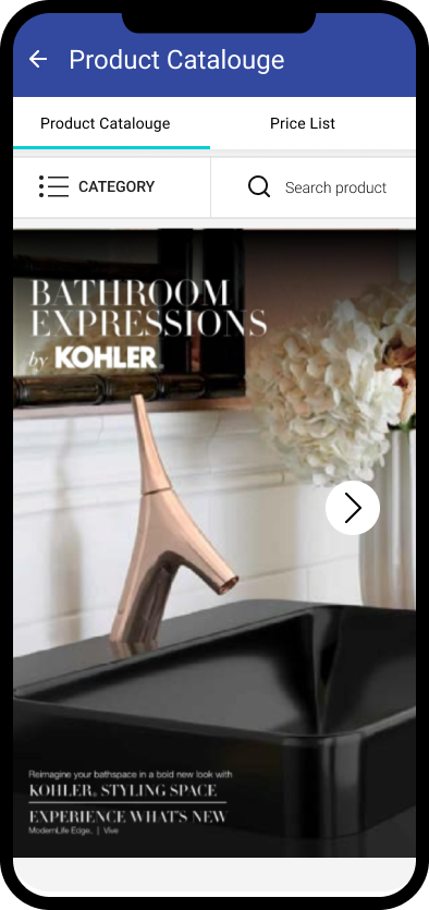 Product catalogue with a Kohler campaign banner, category filter and product search, and a price list tab