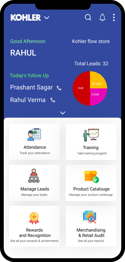 Showroom app home screen with today's follow-ups, a lead pie chart split hot, amber and cold, and modules for attendance, training, leads, catalogue, rewards and retail audit