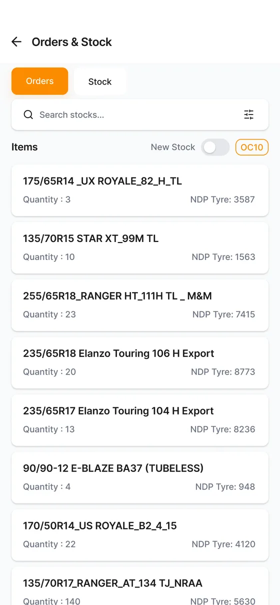 Orders and stock screen with quantities and dealer pricing