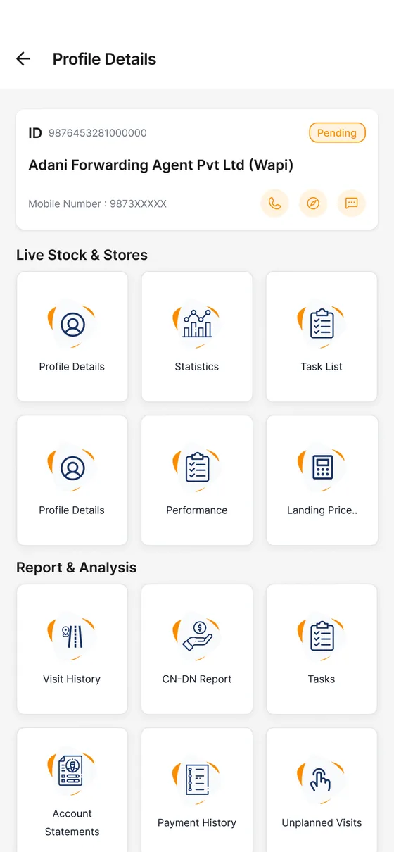 Dealer profile with visit history, order history and account statements